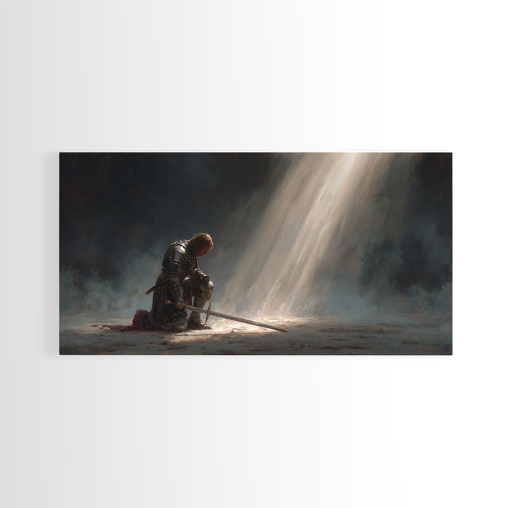 Solitary Knight Kneeling In Divine Light Canvas Print, Medieval Prayer Wall Art, Templar Office Decor, Spiritual Gift For Him
