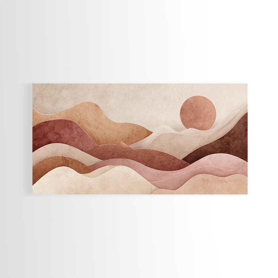 Mauve Terracotta Abstract Mountain Sun Wall Art, Wavy Desert Landscape Canvas Print, Neutral Boho Decor, Large Above Bed Art