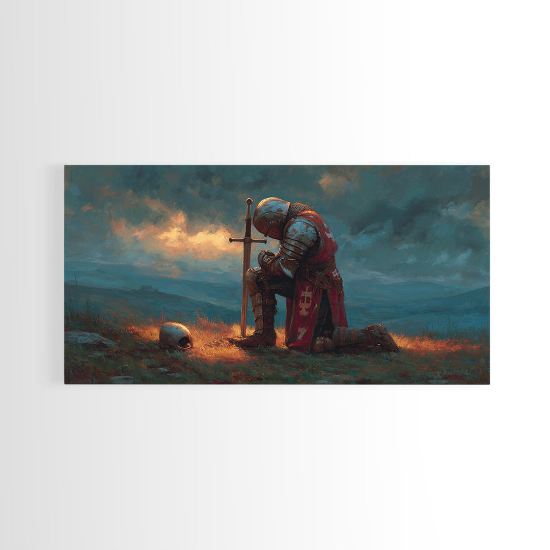 Kneeling Medieval Knight Wall Art, Moody Fantasy Framed Canvas Print, Sword And Skull Decor, Masculine Office Art Gift For Him