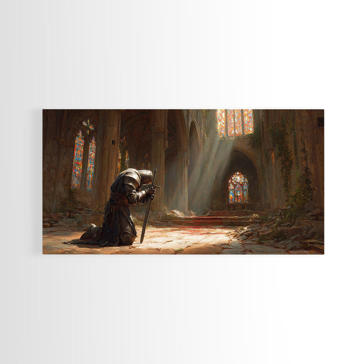 Kneeling Knight In Ruined Cathedral Wall Art, Medieval Fantasy Canvas, Stained Glass Chapel, Dark Academia Home Decor Gift