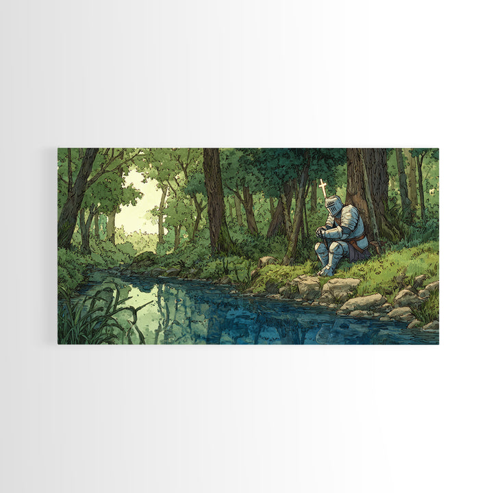 Pixel Knight Resting By Forest Stream Wall Art, Fantasy Canvas Print, Woodland Landscape, Kids Room Decor Gamer Gift For Him