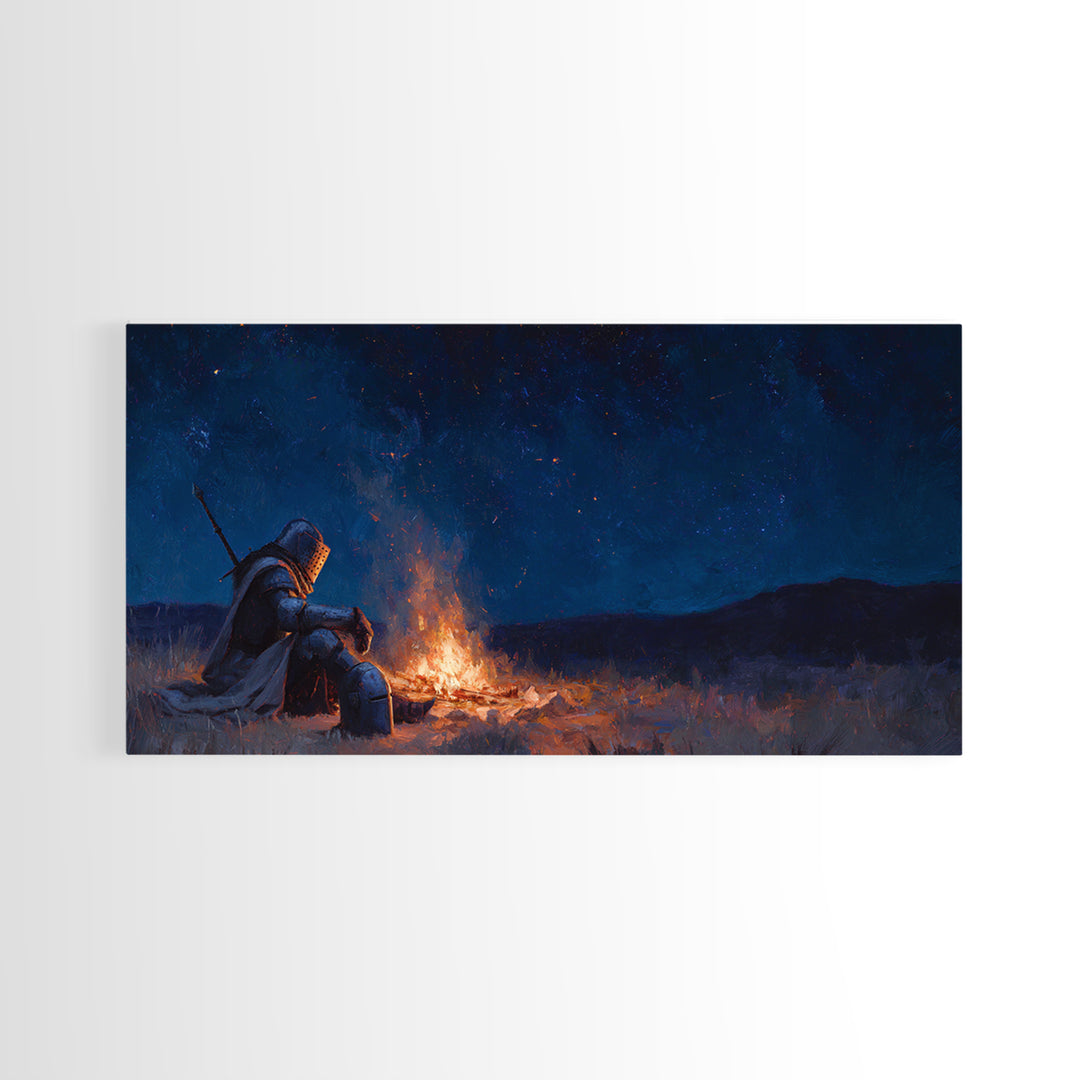 Lonely Knight Campfire Canvas Print, Dark Fantasy Wall Art, Starry Night Medieval Decor, Gaming Room Art And Gift For Him