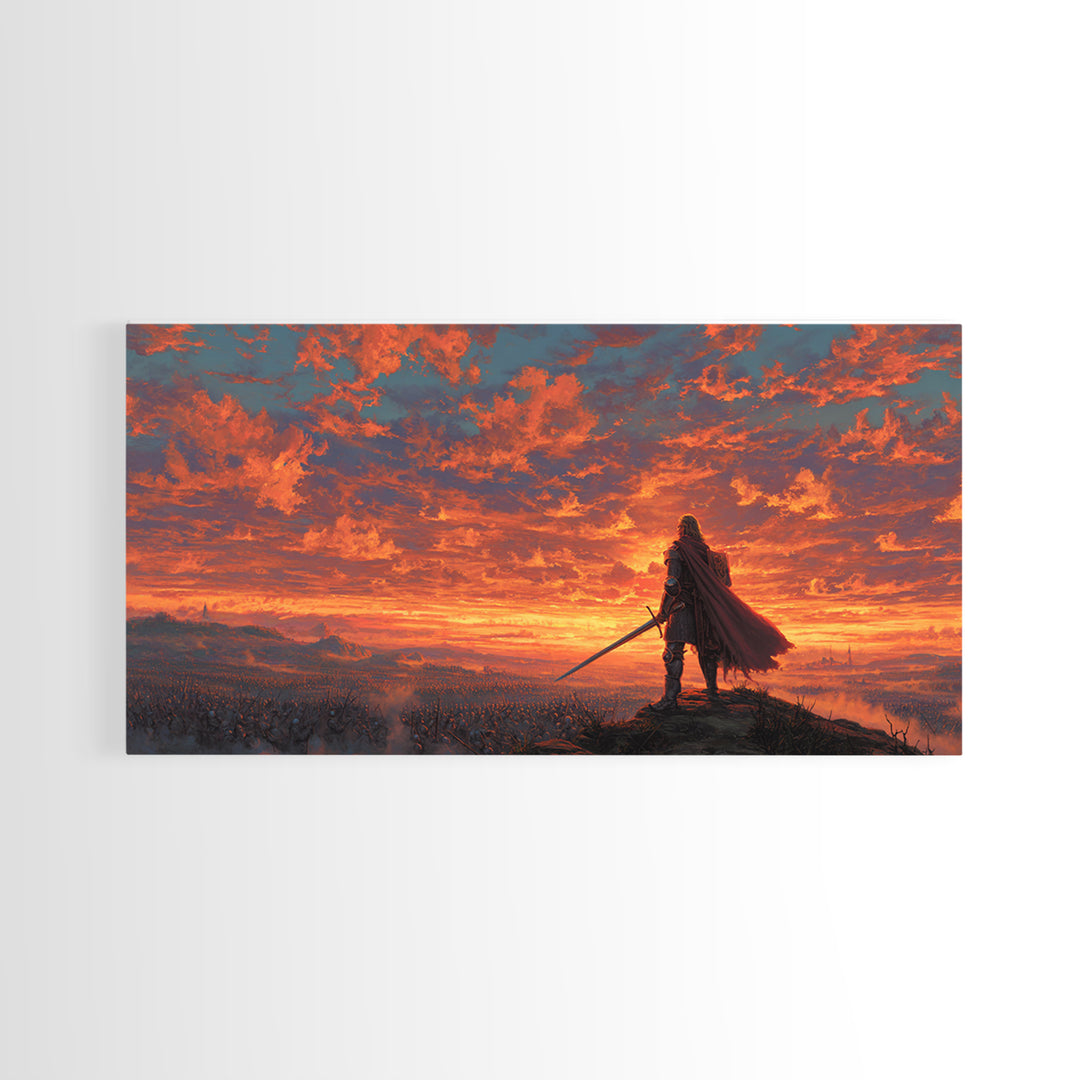 Lone Warrior Over Fiery Battlefield Canvas Print, Fantasy Wall Art, Epic Landscape Art, Medieval Decor, Dramatic Gift For Him