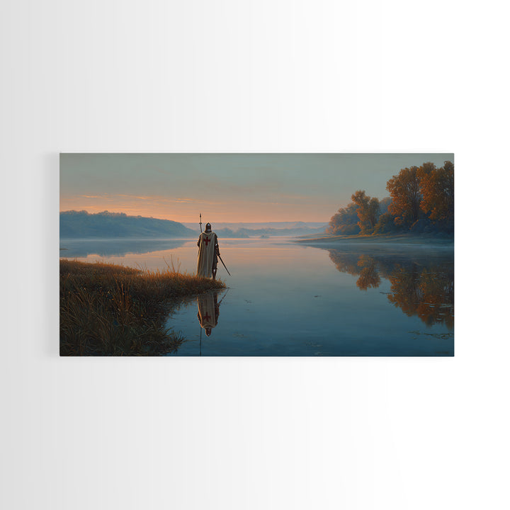 Misty River Knight Landscape Wall Art, Serene Medieval Lake Canvas, Reflective Nature Decor, Fantasy Print, Gift For Him