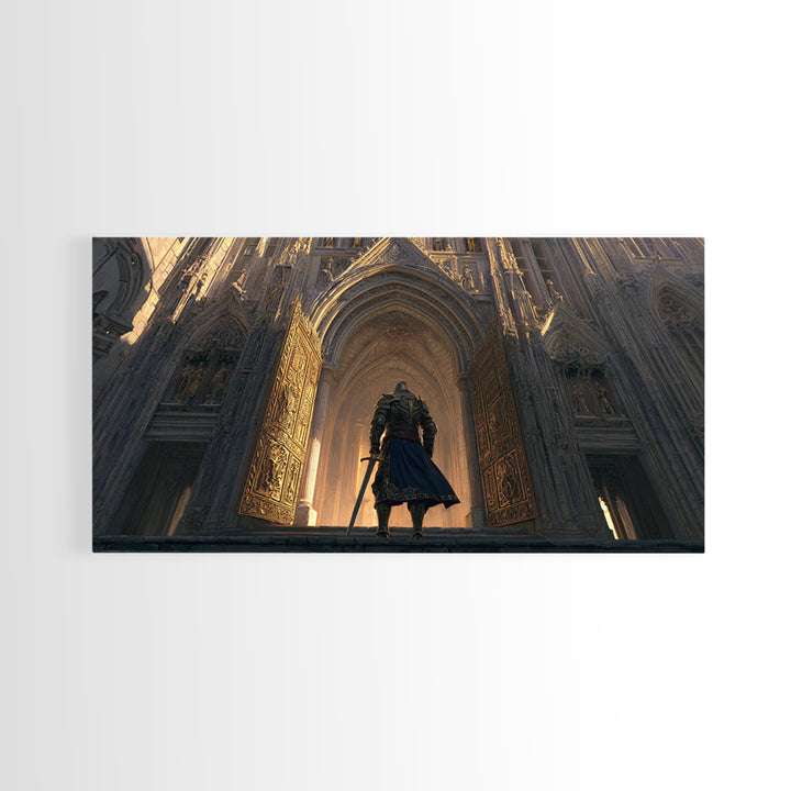 Armored Knight Before Gothic Cathedral Wall Art, Medieval Fantasy Architecture Print, Dark Academia Castle Decor Gift For Him