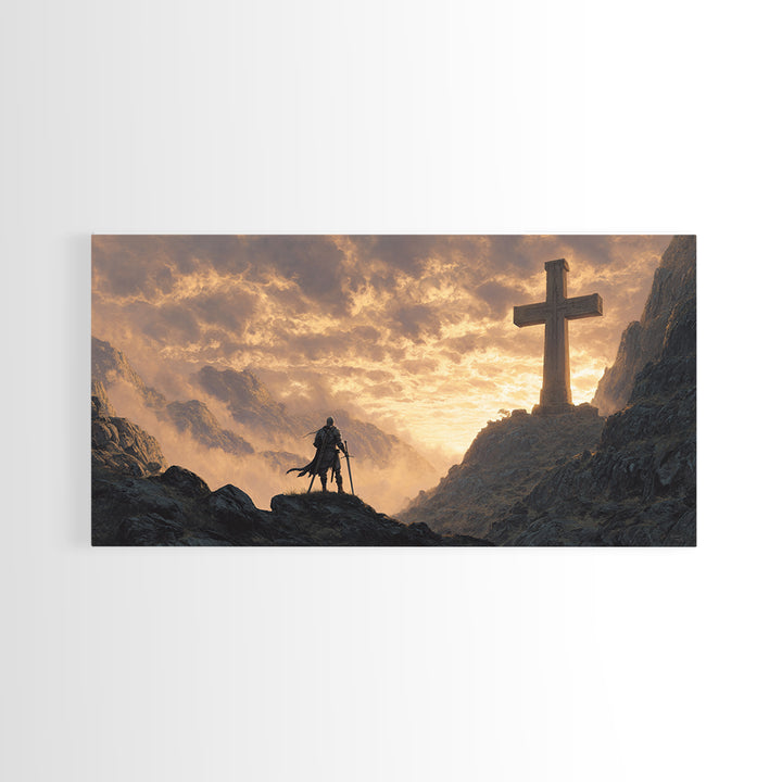 Knight At Mountain Cross Wall Art, Christian Fantasy Canvas Print, Medieval Warrior Decor, Inspirational Religious Art Print
