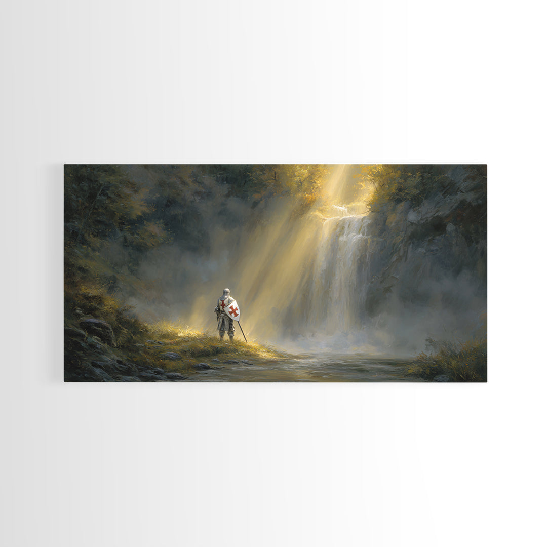 Templar Knight By Misty Waterfall Framed Canvas Print, Christian Wall Art, Medieval Landscape, Inspirational Gift For Him