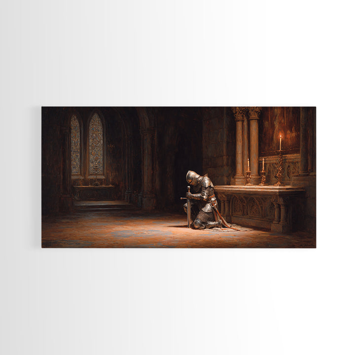 Kneeling Knight In Gothic Chapel Framed Canvas Print, Medieval Wall Art For Dark Academia Decor And Masculine Office Decor