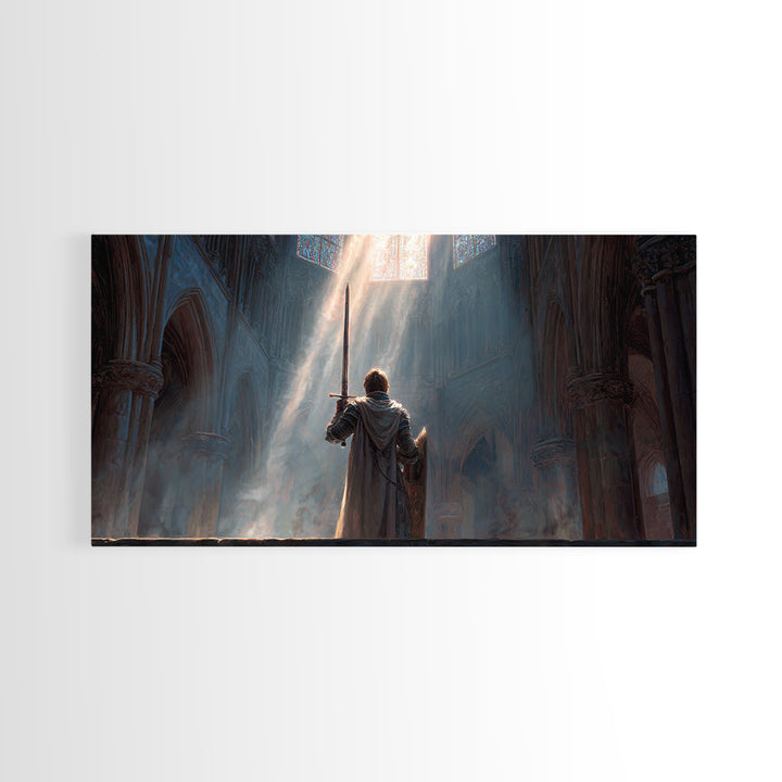 Knight In Sunlit Gothic Cathedral Framed Canvas Print, Fantasy Wall Art, Medieval Decor, Christian Artwork, Gift For Him