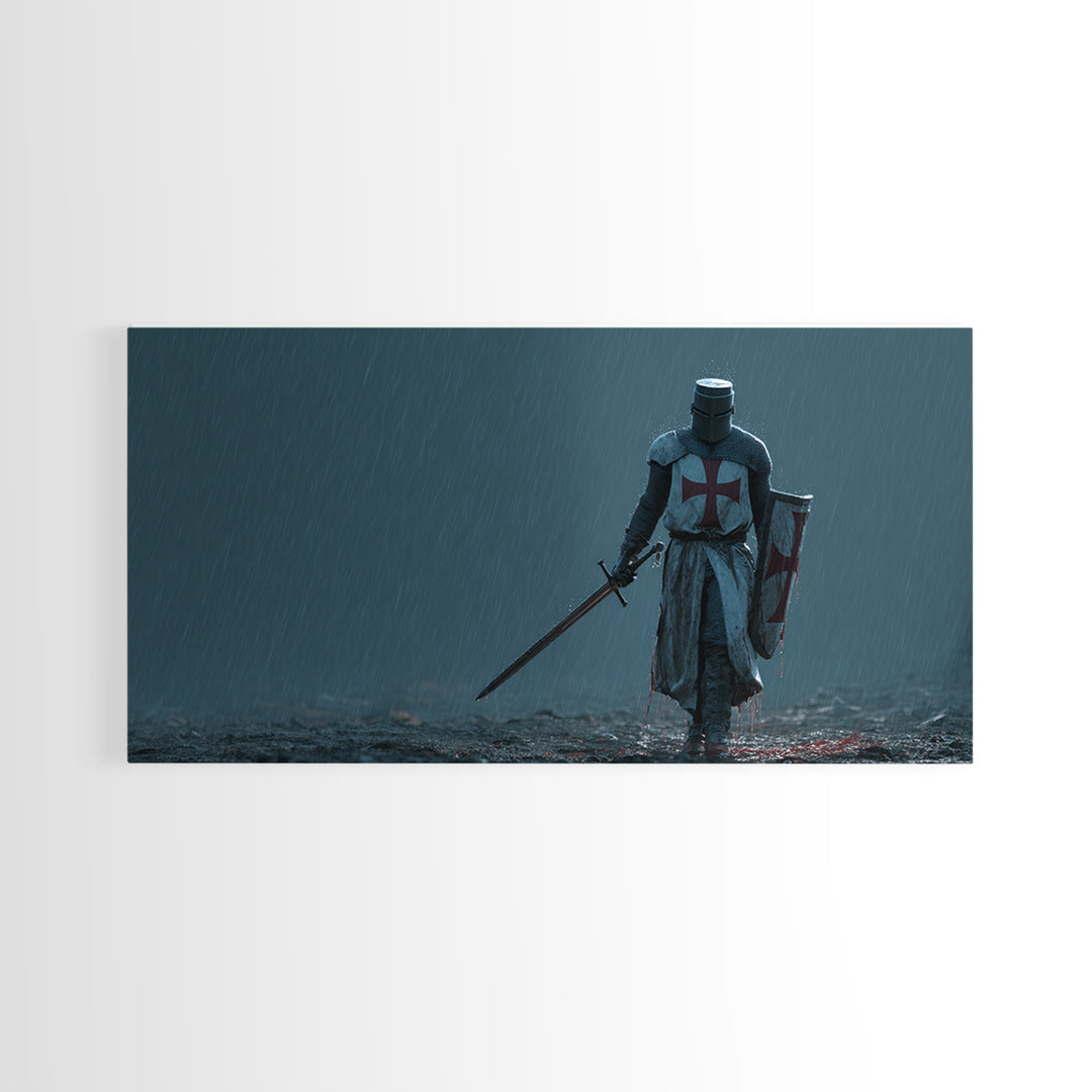 Templar Knight In Rain Wall Art, Medieval Crusader Canvas Print, Dark Fantasy Decor, Gothic Warrior Art Print For Man Cave