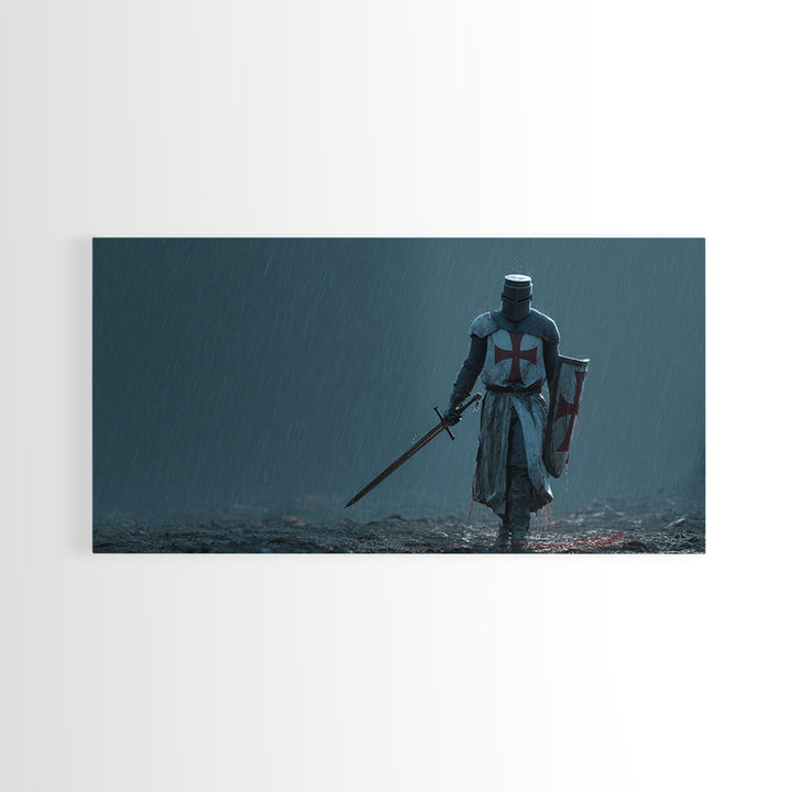 Templar Knight In Rain Wall Art, Medieval Crusader Canvas Print, Dark Fantasy Decor, Gothic Warrior Art Print For Man Cave