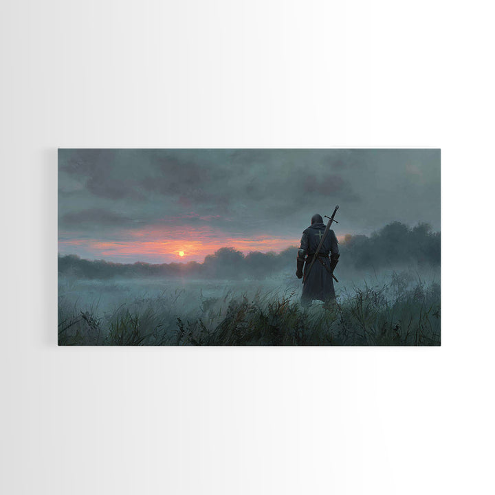 Lone Warrior At Misty Sunrise Wall Art, Medieval Fantasy Canvas Print, Moody Landscape Decor, Dark Academia Gift For Him