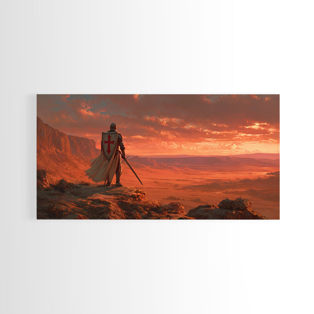 Templar Knight Over Desert Valley Canvas Print, Medieval Fantasy Wall Art, Western Sunset Decor, Man Cave Poster Gift For Him
