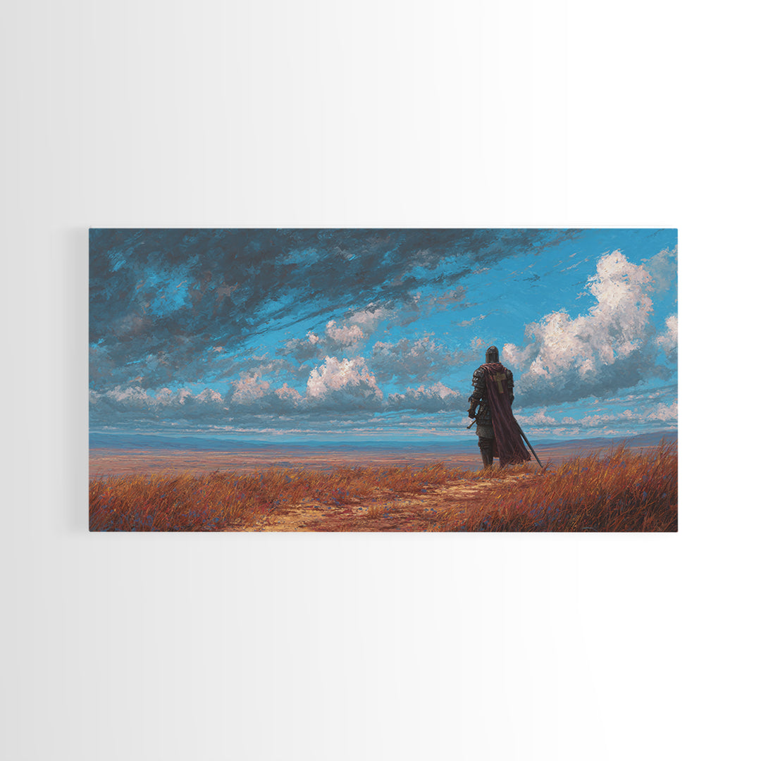 Lone Knight Coastal Fantasy Landscape Wall Art, Medieval Warrior Canvas, Moody Sky Print, Gamer Room Decor Housewarming Gift