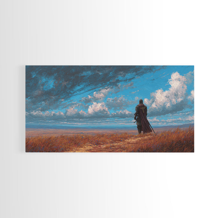 Lone Knight Coastal Fantasy Landscape Wall Art, Medieval Warrior Canvas, Moody Sky Print, Gamer Room Decor Housewarming Gift