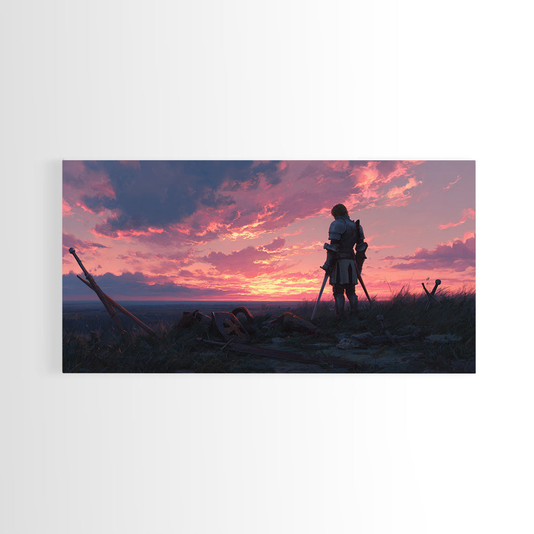 Lonely Warrior Sunset Wall Art, Medieval Battlefield Canvas Print, Moody Fantasy Landscape Decor, Gift For Him Office Art