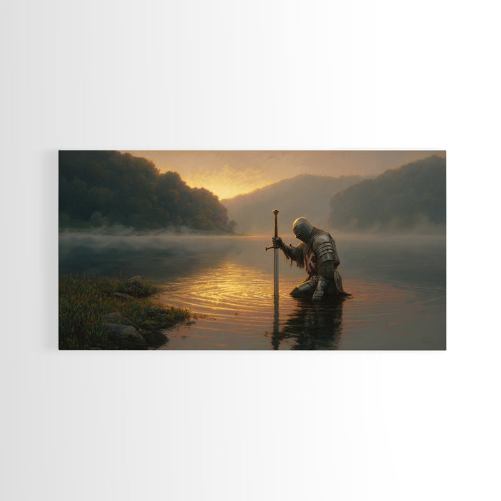 Kneeling Knight In Misty Lake At Sunrise Framed Canvas Print, Fantasy Wall Art, Medieval Decor, Man Cave Art, Gift For Him