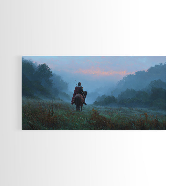 Lone Rider In Misty Forest Canvas Print, Moody Landscape Wall Art, Medieval Horseman Decor, Fantasy Adventure Gift For Him