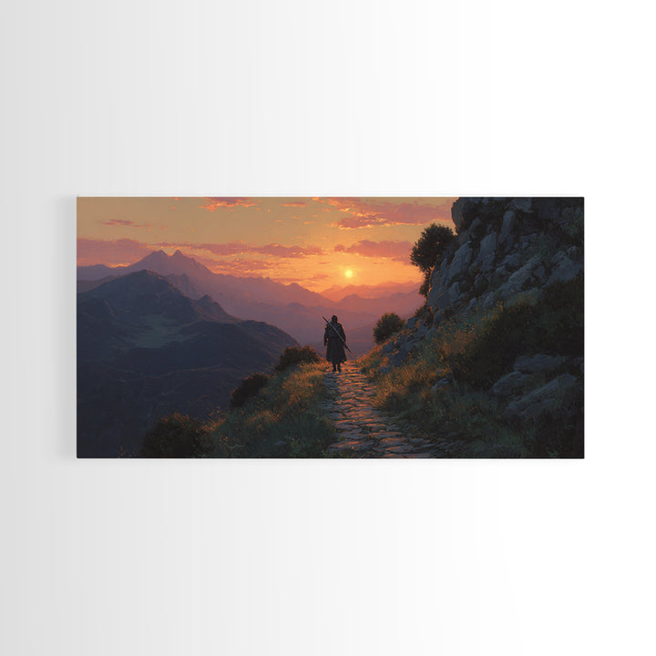 Lone Traveler Mountain Sunset Wall Art, Fantasy Landscape Canvas Print, Above Bed Decor, Adventure Gift, Nature Wall Decor