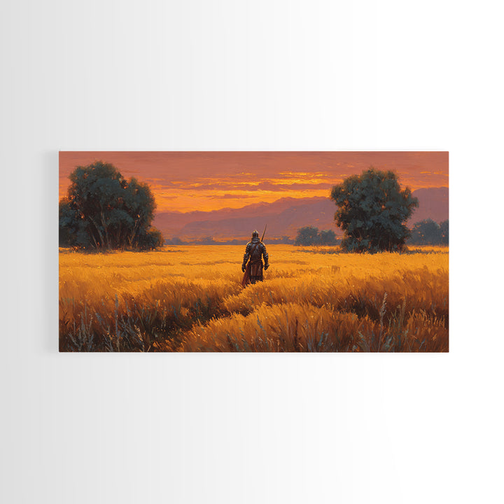 Armored Warrior In Golden Field Wall Art, Fantasy Landscape Print, Sunset Adventure Decor, Medieval Knight Gift For Him Art