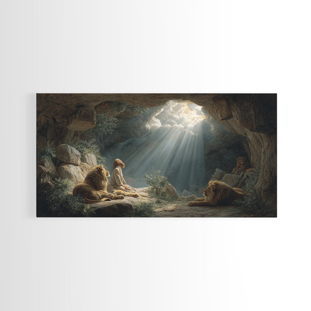 Sunlit Cave Child With Lions Canvas Print, Biblical Fantasy Wall Art For Nursery Decor, Prayer Room Decor And Housewarming Gift