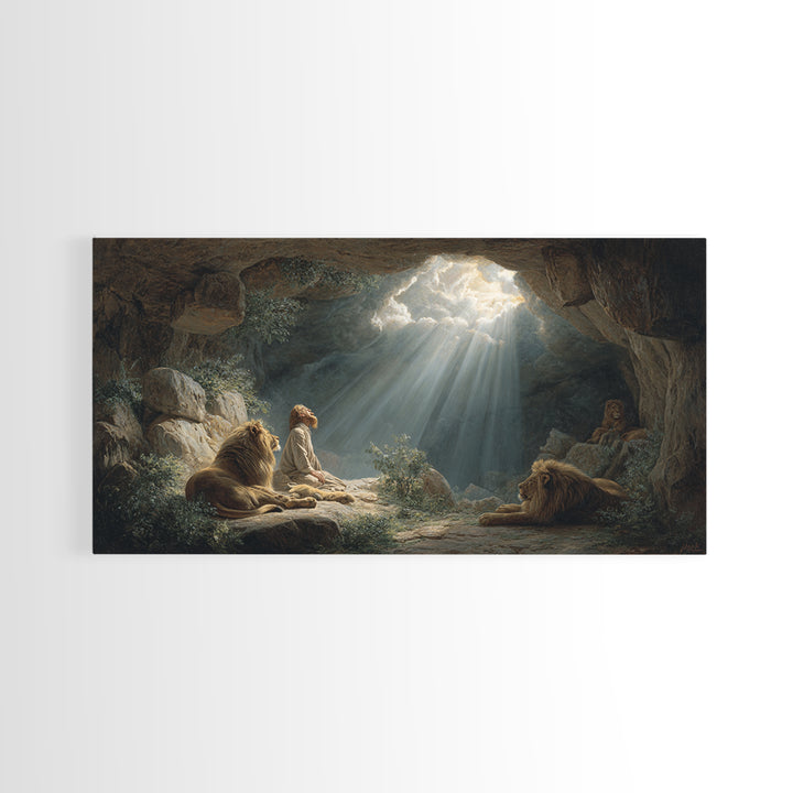 Sunlit Cave Child With Lions Canvas Print, Biblical Fantasy Wall Art For Nursery Decor, Prayer Room Decor And Housewarming Gift