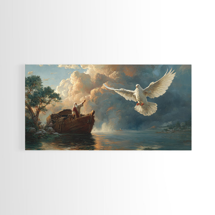 Noah Releasing White Dove From Ark Framed Canvas Print, Biblical Wall Art, Christian Decor, Spiritual Gift For Prayer Room