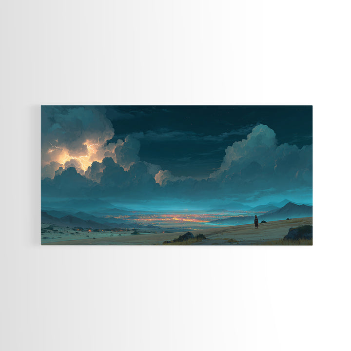 Moonlit Desert Storm Wall Art, Moody Blue Night Landscape Canvas Print, Southwest Travel Decor, Dramatic City Lights Gift