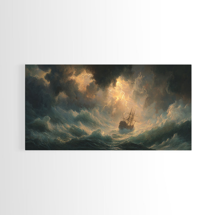 Lightning Storm Ship At Sea Canvas Print, Moody Ocean Seascape Wall Art, Nautical Decor, Dramatic Coastal Wall Decor For Living Room