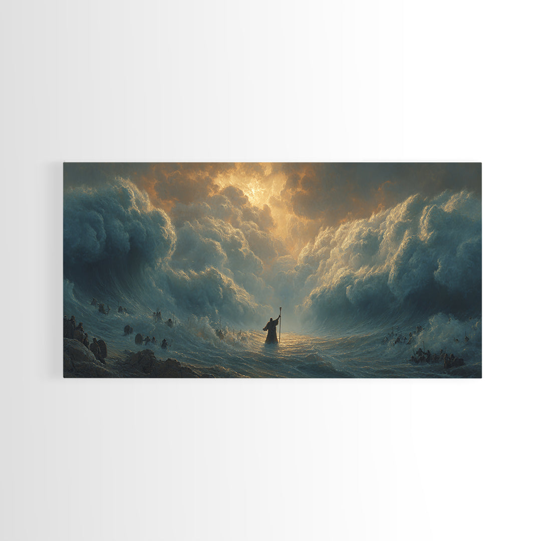 Moses Parting The Red Sea Wall Art, Biblical Ocean Storm Painting, Christian Home Decor, Dramatic Faith Gift For Living Room