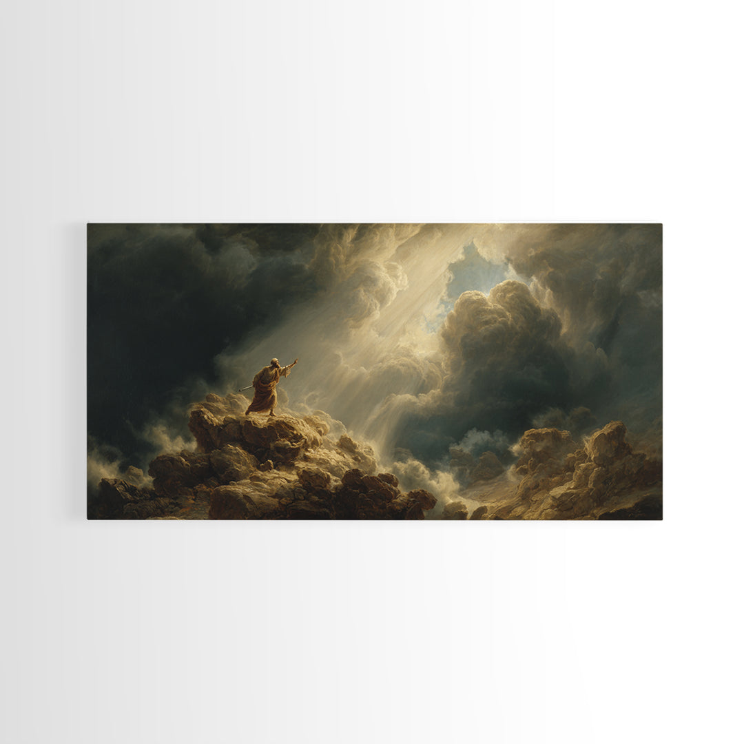 Prophet On Stormy Mountain Canvas Print, Biblical Wall Art, Divine Light Clouds, Spiritual Landscape Decor Gift For Prayer Room