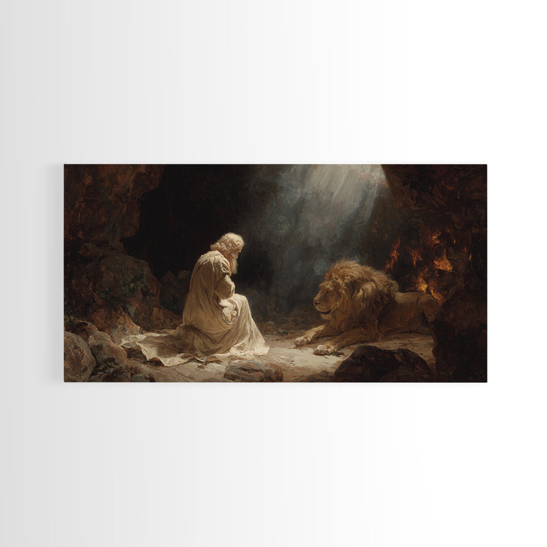 Praying Man With Lion Cave Wall Art, Christian Canvas Print, Biblical Daniel Decor, Spiritual Fine Art For Prayer Room Decor