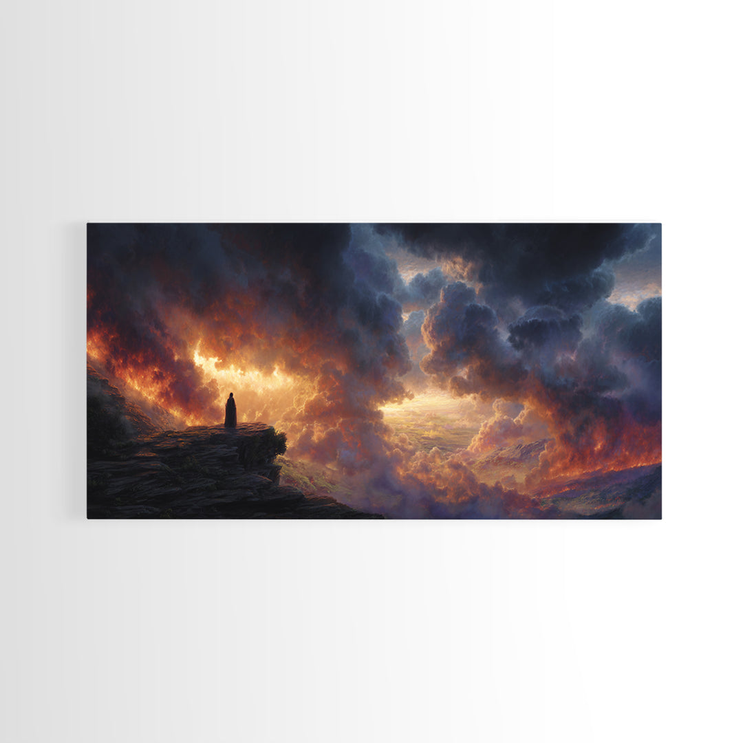 Lone Figure Before Fiery Storm Wall Art, Dark Fantasy Canvas Print, Dramatic Surreal Landscape, Moody Office Decor Gift For Him
