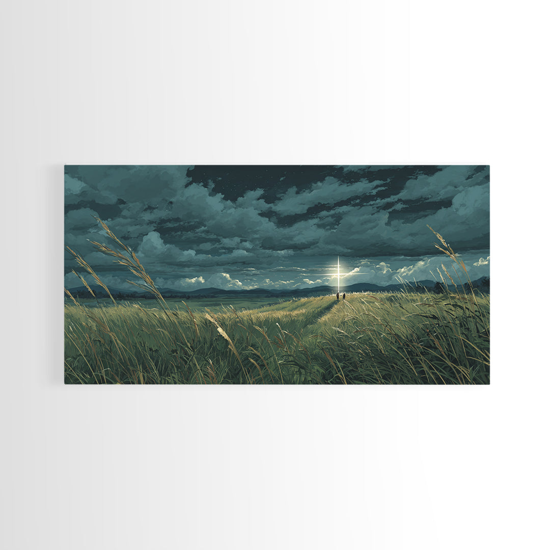 Lone Figure In Stormy Meadow Wall Art, Moody Fantasy Landscape Canvas Print, Cinematic Field Decor, Dramatic Nature Art Print