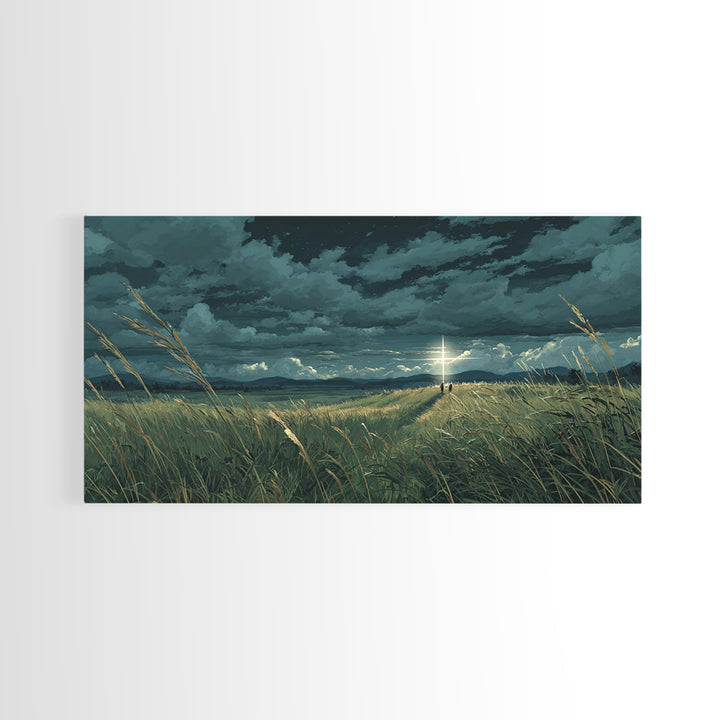 Lone Figure In Stormy Meadow Wall Art, Moody Fantasy Landscape Canvas Print, Cinematic Field Decor, Dramatic Nature Art Print