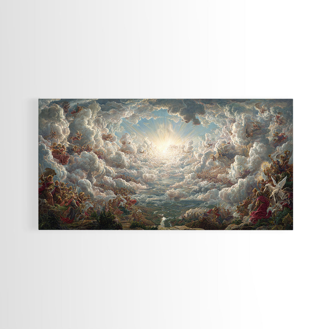 Heavenly Cloud Battle With Angels Framed Canvas Print, Baroque Mythological Wall Art, Renaissance Decor, Biblical Gift Art