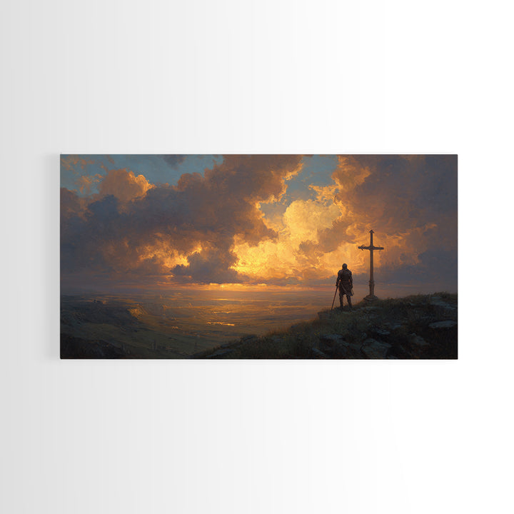 Lone Knight Sunset Wall Art, Medieval Fantasy Landscape Canvas Print, Christian Cross Decor, Masculine Office Art Gift For Him
