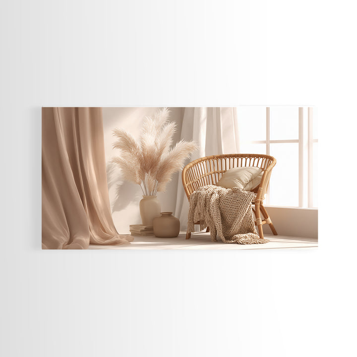 Neutral Wicker Chair With Pampas Grass Canvas Print, Boho Bedroom Wall Art, Cozy Minimalist Decor For Modern Living Room