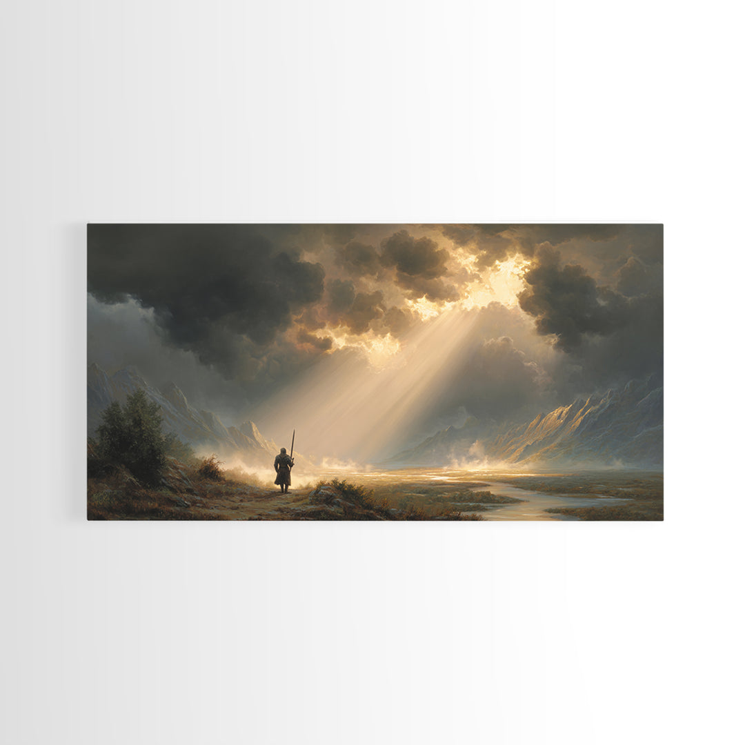 Warrior In Sunlit Mountain Valley Canvas Print, Fantasy Landscape Wall Art, Epic Adventure Decor And Dramatic Office Art