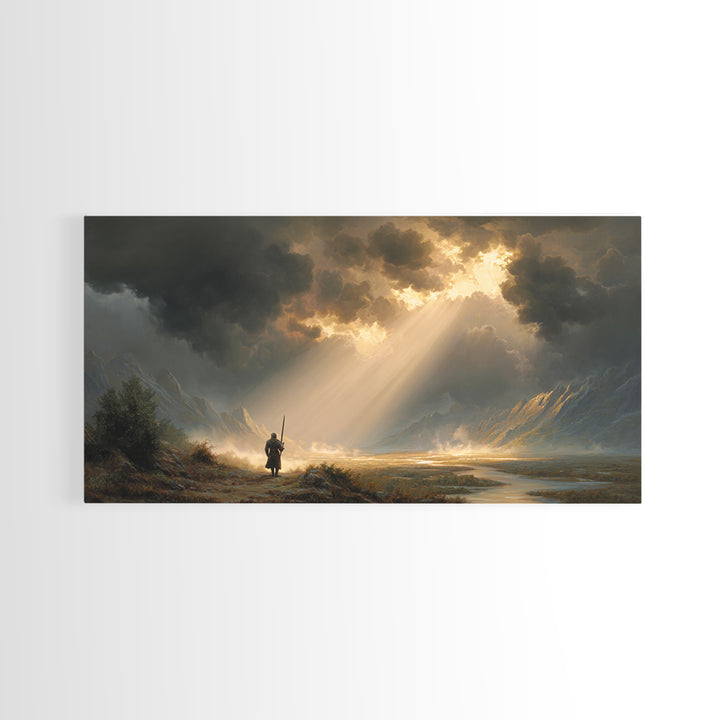 Warrior In Sunlit Mountain Valley Canvas Print, Fantasy Landscape Wall Art, Epic Adventure Decor And Dramatic Office Art