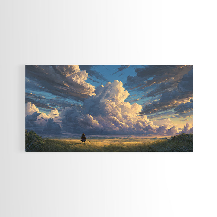 Lone Traveler Beneath Towering Clouds Wall Art, Dramatic Landscape Canvas Print, Calming Nature Living Room Decor, Large Poster