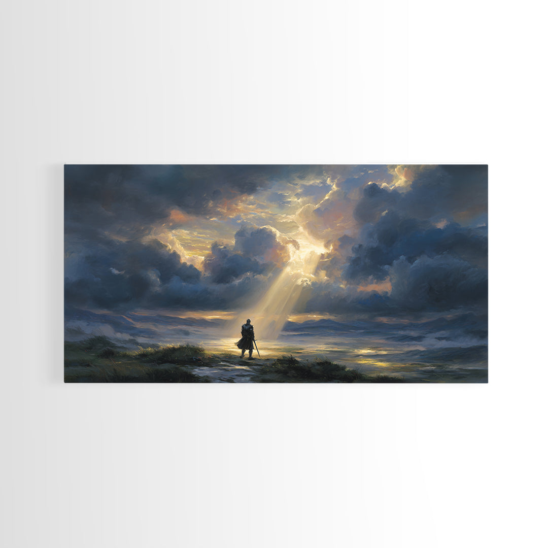 Lone Wanderer Beneath Radiant Storm Clouds Wall Art, Dramatic Fantasy Landscape Print, Moody Sky Living Room Decor, Gift For Him