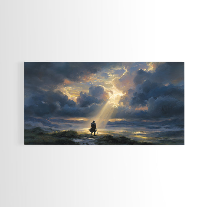 Lone Wanderer Beneath Radiant Storm Clouds Wall Art, Dramatic Fantasy Landscape Print, Moody Sky Living Room Decor, Gift For Him