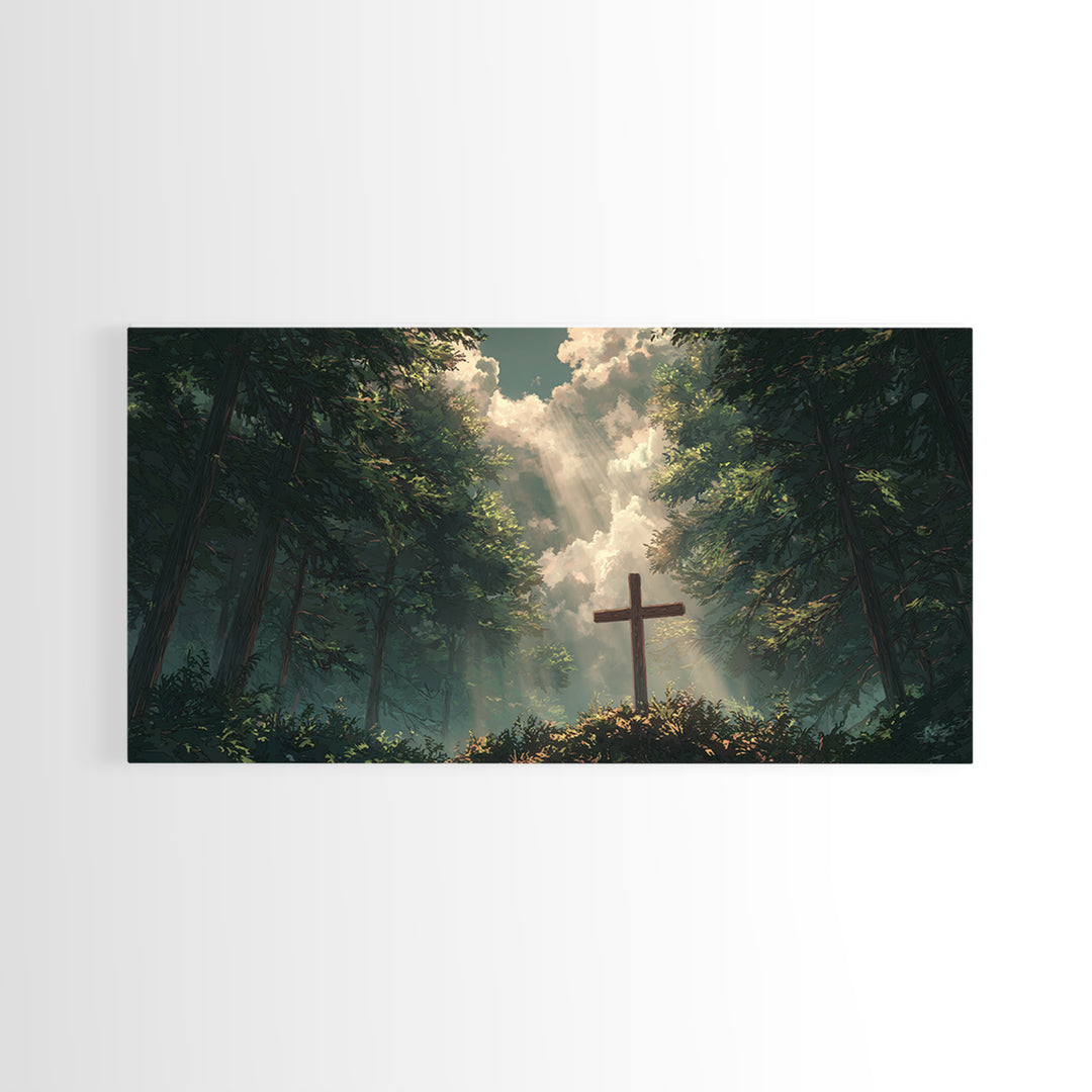 Sunlit Forest Cross Wall Art, Christian Canvas Print, Peaceful Nature Landscape, Bible Verse Decor, Prayer Room Gift, For Him