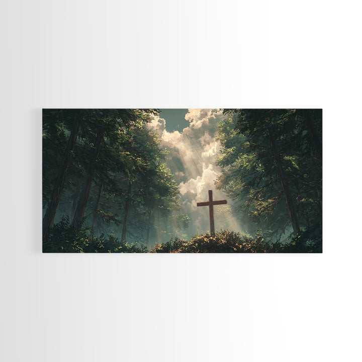 Sunlit Forest Cross Wall Art, Christian Canvas Print, Peaceful Nature Landscape, Bible Verse Decor, Prayer Room Gift, For Him