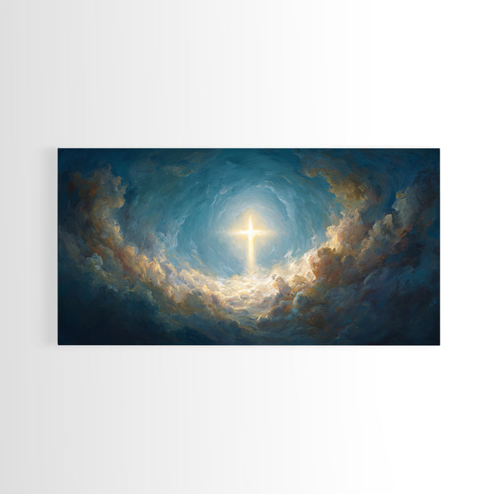 Glowing Cross In Stormy Clouds Wall Art, Christian Canvas Print, Celestial Religious Decor, Inspirational Gift For Home Decor