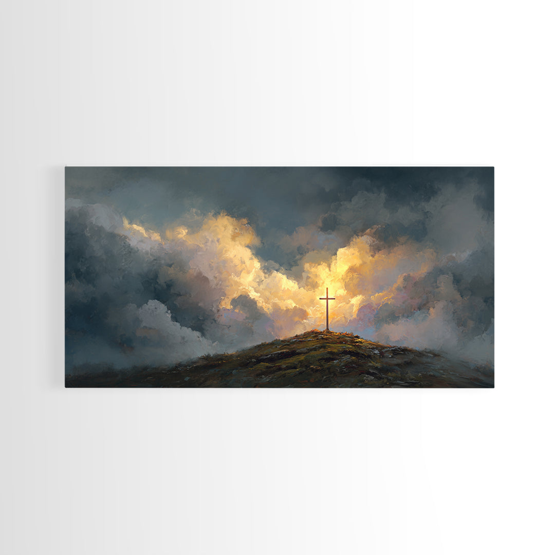 Dramatic Cross On Stormy Hill Wall Art, Christian Landscape Canvas, Moody Faith Decor, Religious Gift, Living Room Art Print