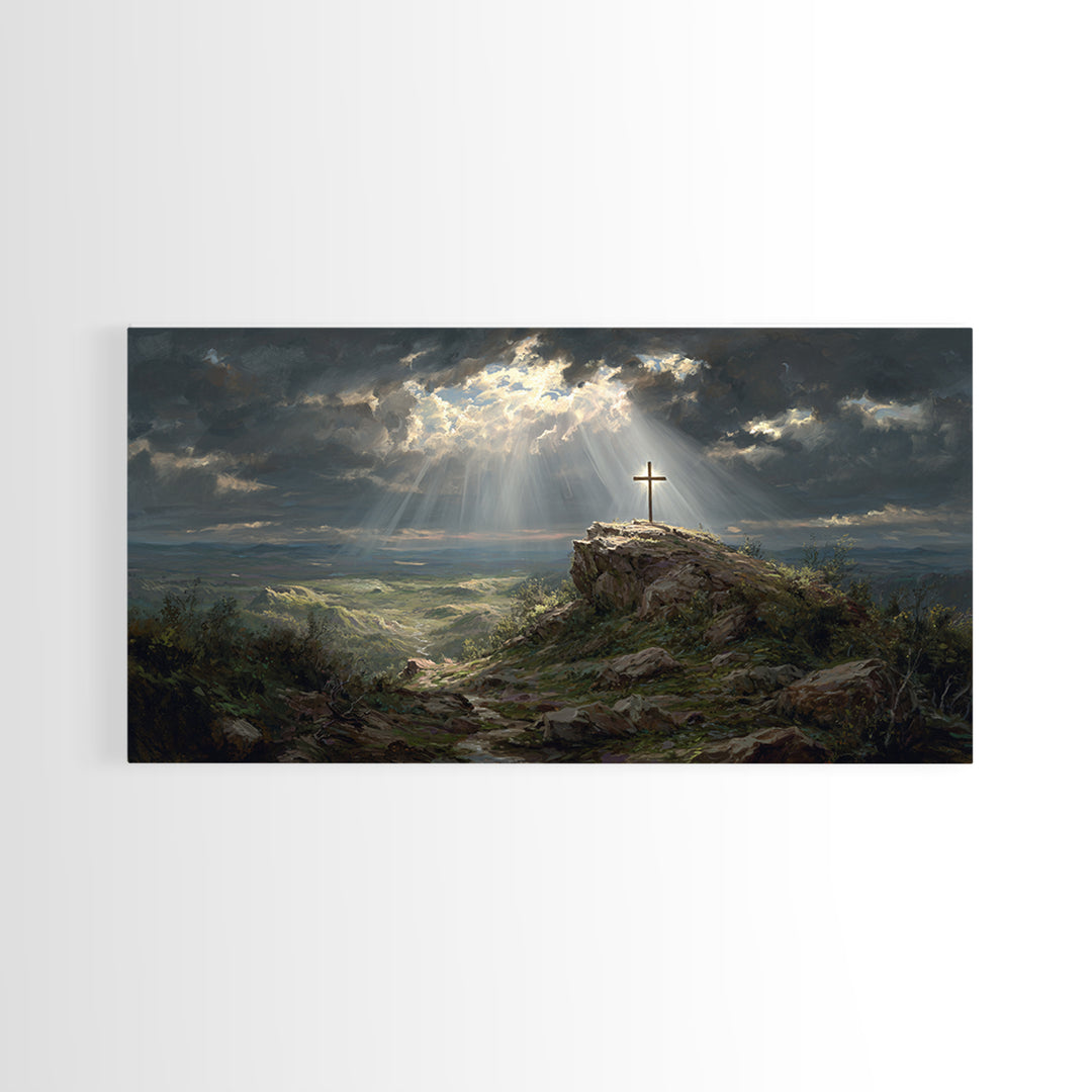 Sunlit Cross On Rocky Hill Wall Art, Christian Landscape Canvas Print, Bible Verse Decor, Spiritual Gift For Home And Prayer