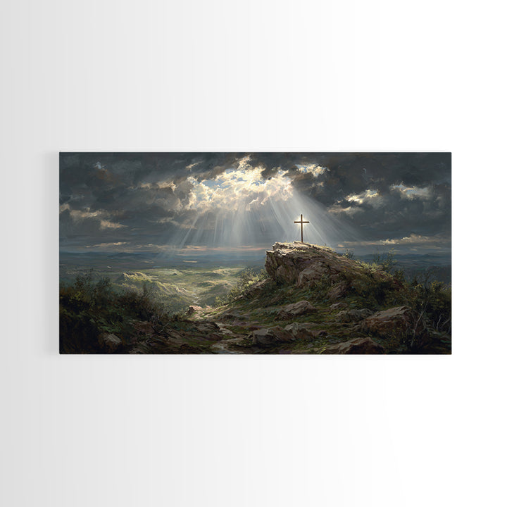 Sunlit Cross On Rocky Hill Wall Art, Christian Landscape Canvas Print, Bible Verse Decor, Spiritual Gift For Home And Prayer
