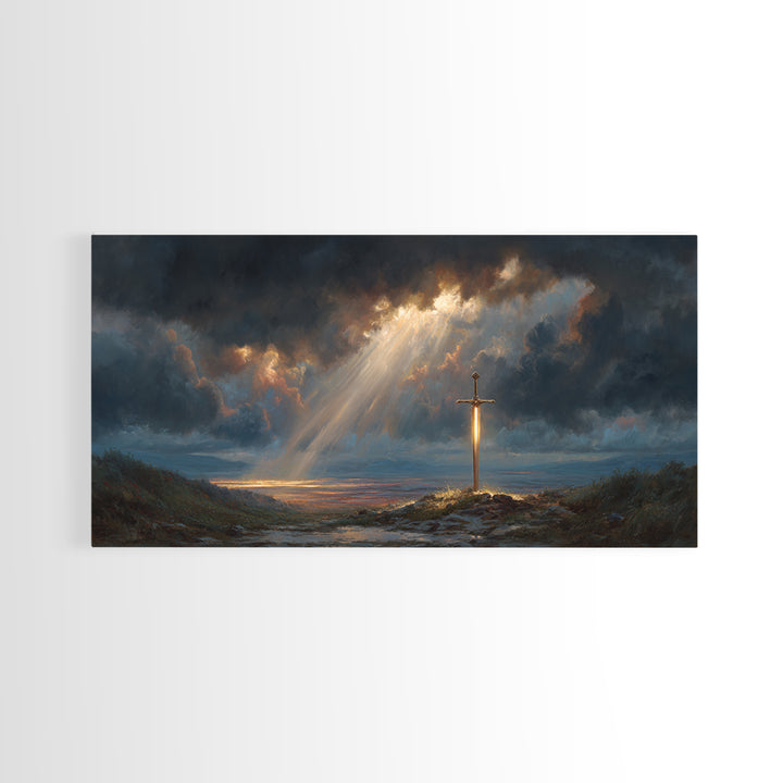 Glowing Sword In Storm Clouds Wall Art, Dramatic Christian Fantasy Canvas Print, Spiritual Decor, Dark Academia Gift For Him